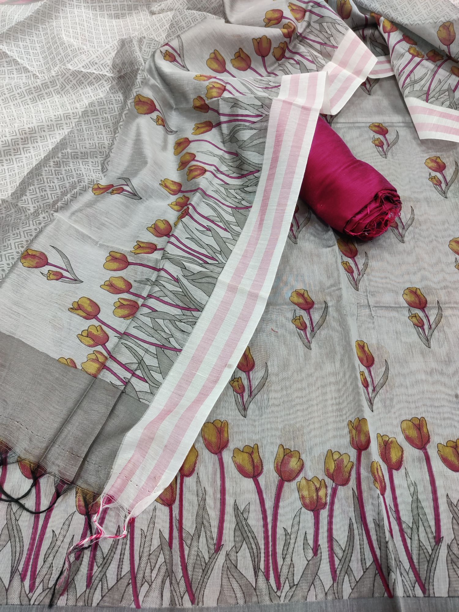 Grey- Chanderi Cotton Silk Printed Unstitched Salwar Kameez Set. Grey- Chanderi Cotton Silk Printed Unstitched Salwar Kameez Set.