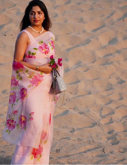 Baby Pink Pure Organza Silk Handpainted Saree Baby Pink Pure Organza Silk Handpainted Saree